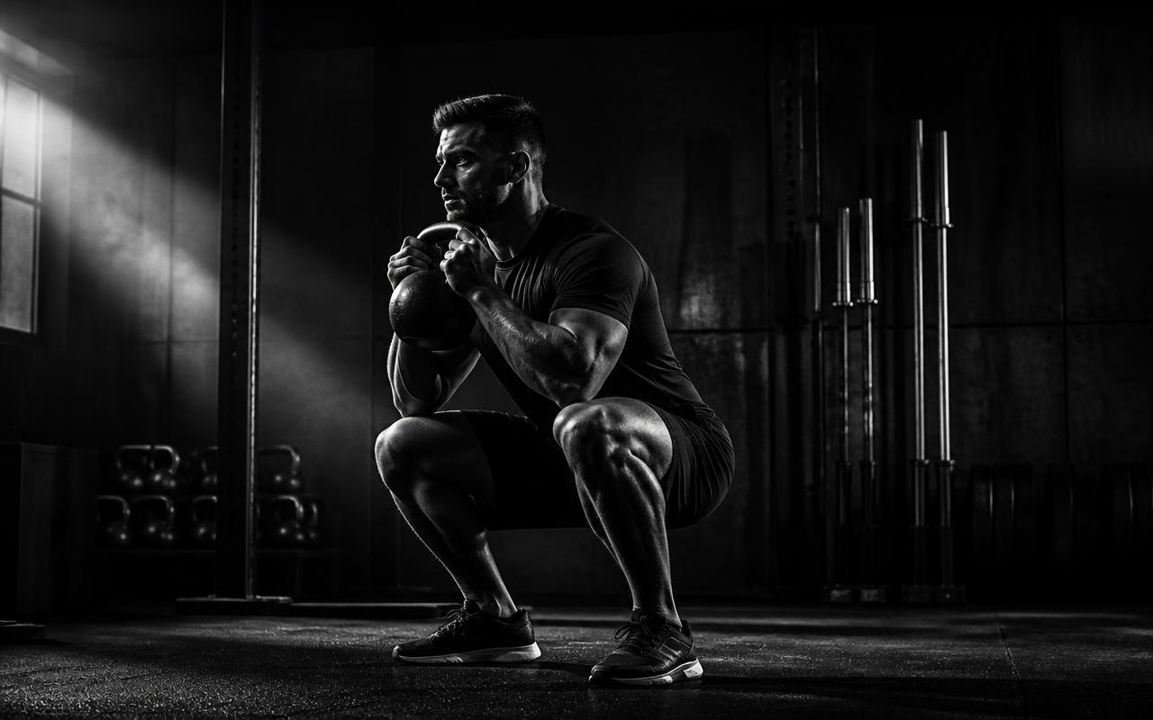 Atleta treinando com kettlebell em academia escura